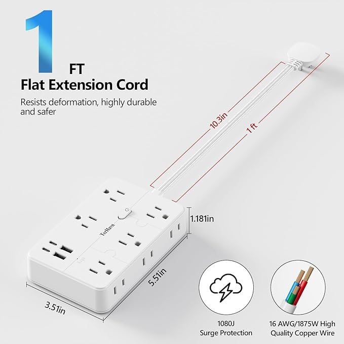Surge Protector Power Strip 1 FT Flat Extension Cord ，10 AC Outlets & 4 USB - Image 2