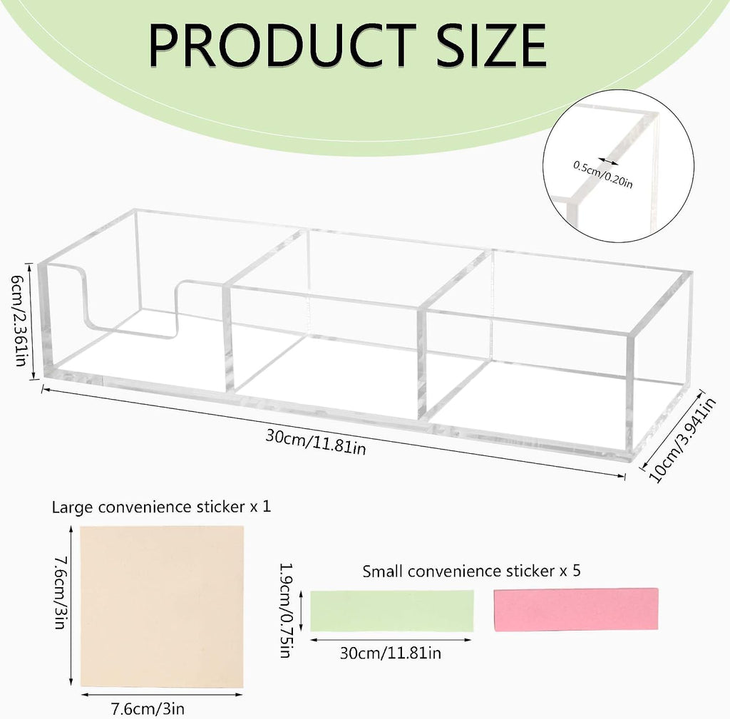 Acrylic 3in1 Sticky Note Holder Desk Organizer with 3 Compartments | with Non-slip Pads,11.8" x 3.94" x 2.36" Self-Stick Memo Pad Dispenser for School Office Home Post Bank