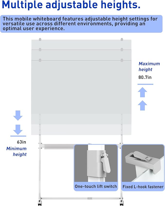 Mobile Glass Whiteboard, 48 x 36 inch Glass Board/w Height Adjustable, Large - Image 4