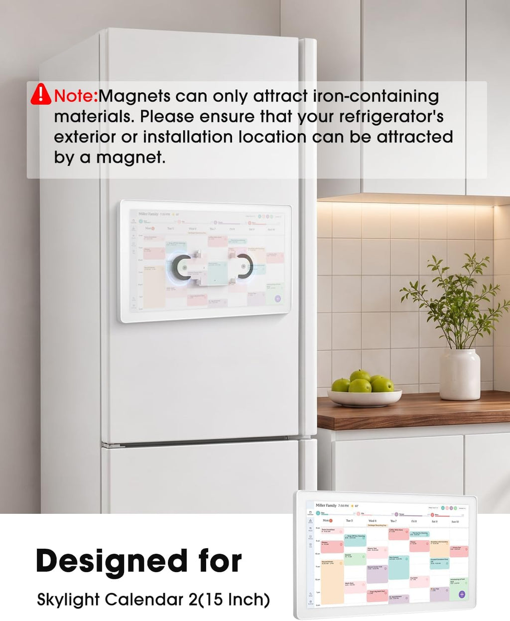 Magnetic Mount for Skylight Calendar 15” (Gen 2), Refrigerator Metal Surface Adapter with Dual Magnets, White Back Plate Stand Accessory for Kitchen Command Center