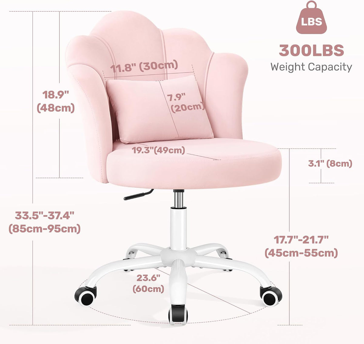 BestGlory Petal Vanity Chair with Wheels, 3.15" Extra Thick Comfy Makeup Chair, Adjustable Modern Swivel Armless Desk Chair for Girls Women, Aesthetic Small Office Chair for Bedroom Dorm, Pink