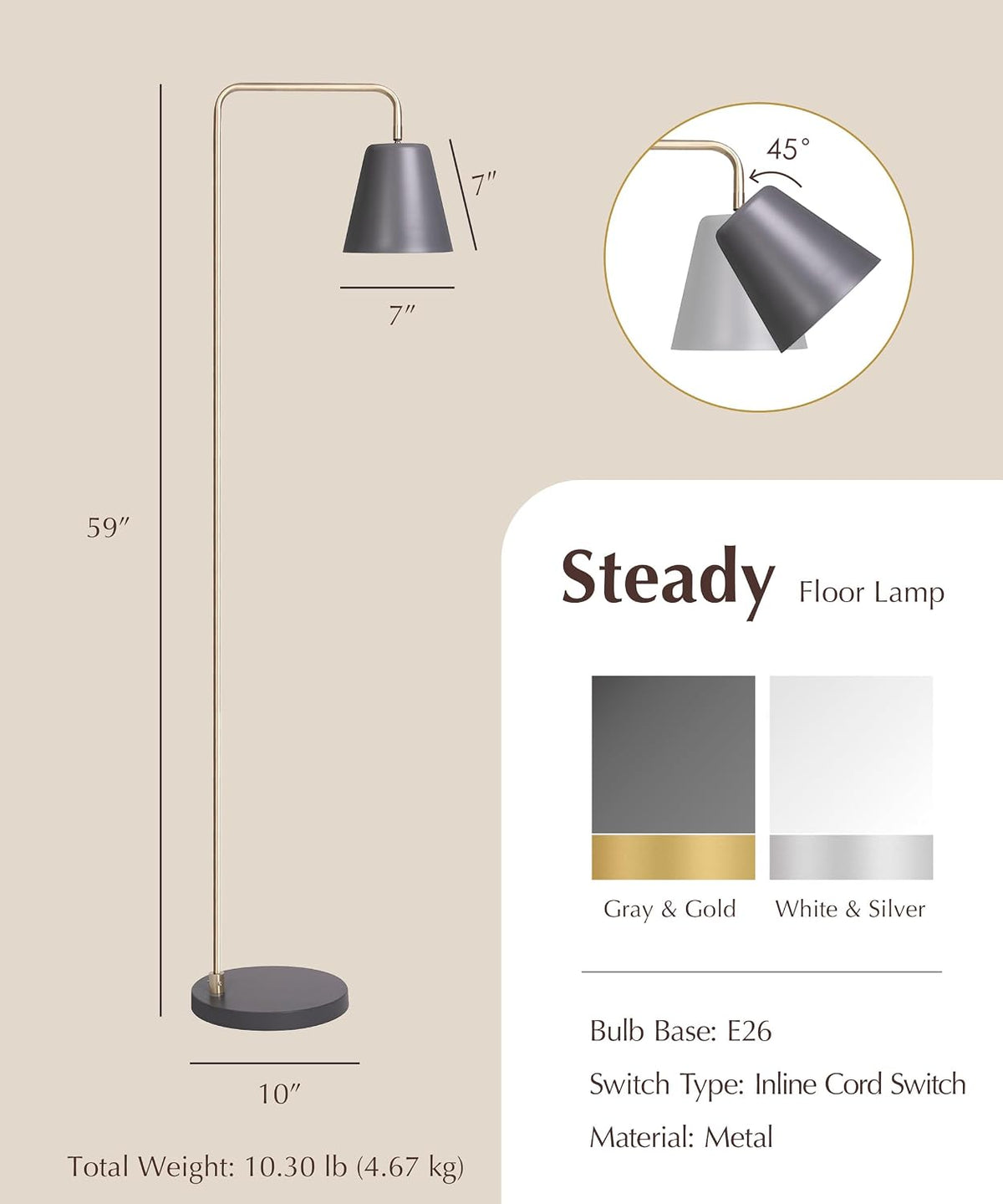 HarvestLand Steady Floor Lamp, Reading Lamp for Living Room, Grey Brass