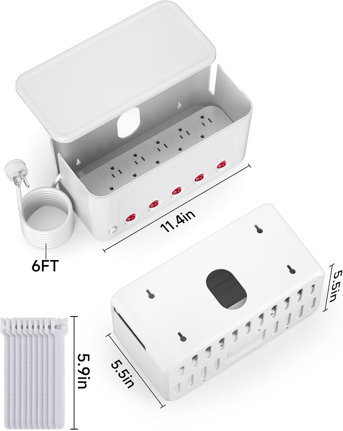 Power Strip with Cable Management Box, Large Cord Organizer Box,White