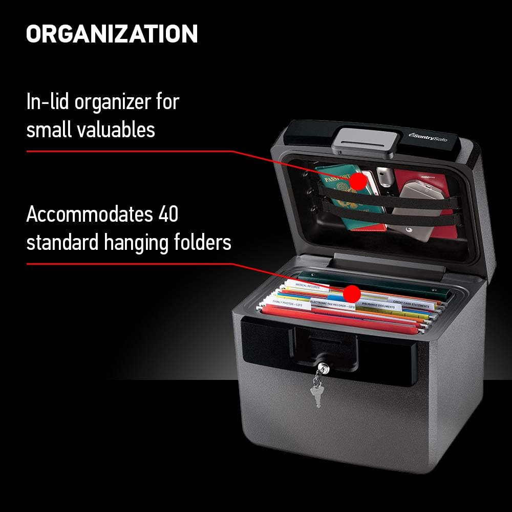 sentrysafe black fireproof and waterproof safe, file folder showing dimensions