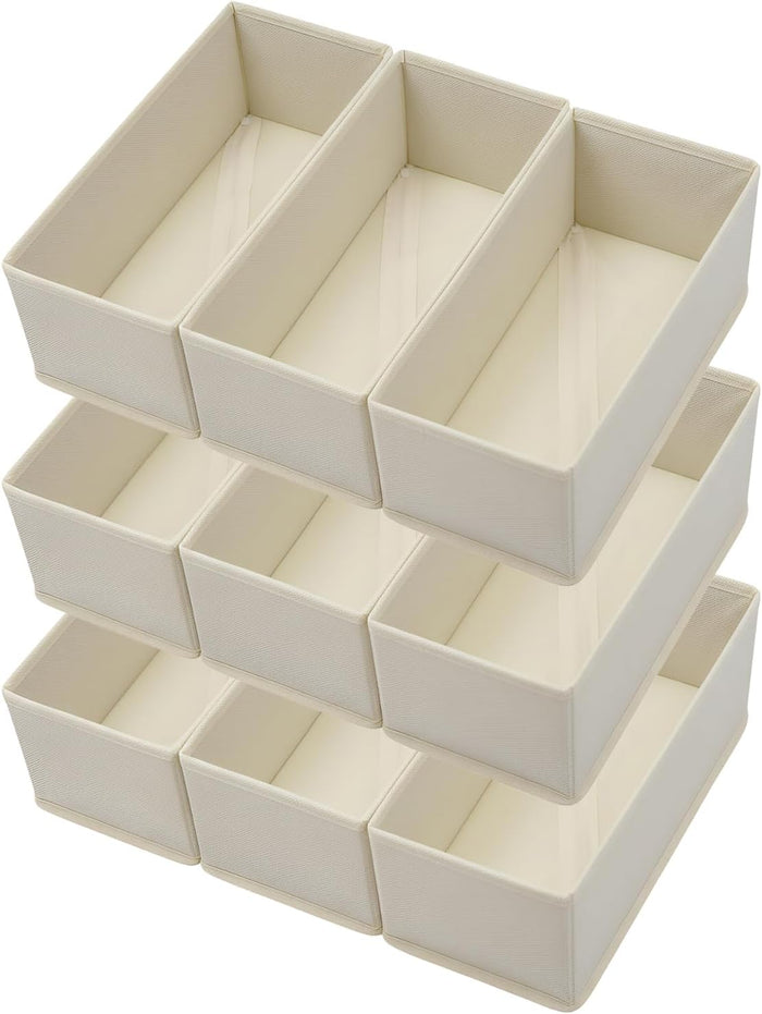 Bructhun Sock Drawer Organizer 9 Pack - Collapsible Fabric Storage Bins for Underwear Divider, Small Closet Organizers with 9 Compartments, Beige