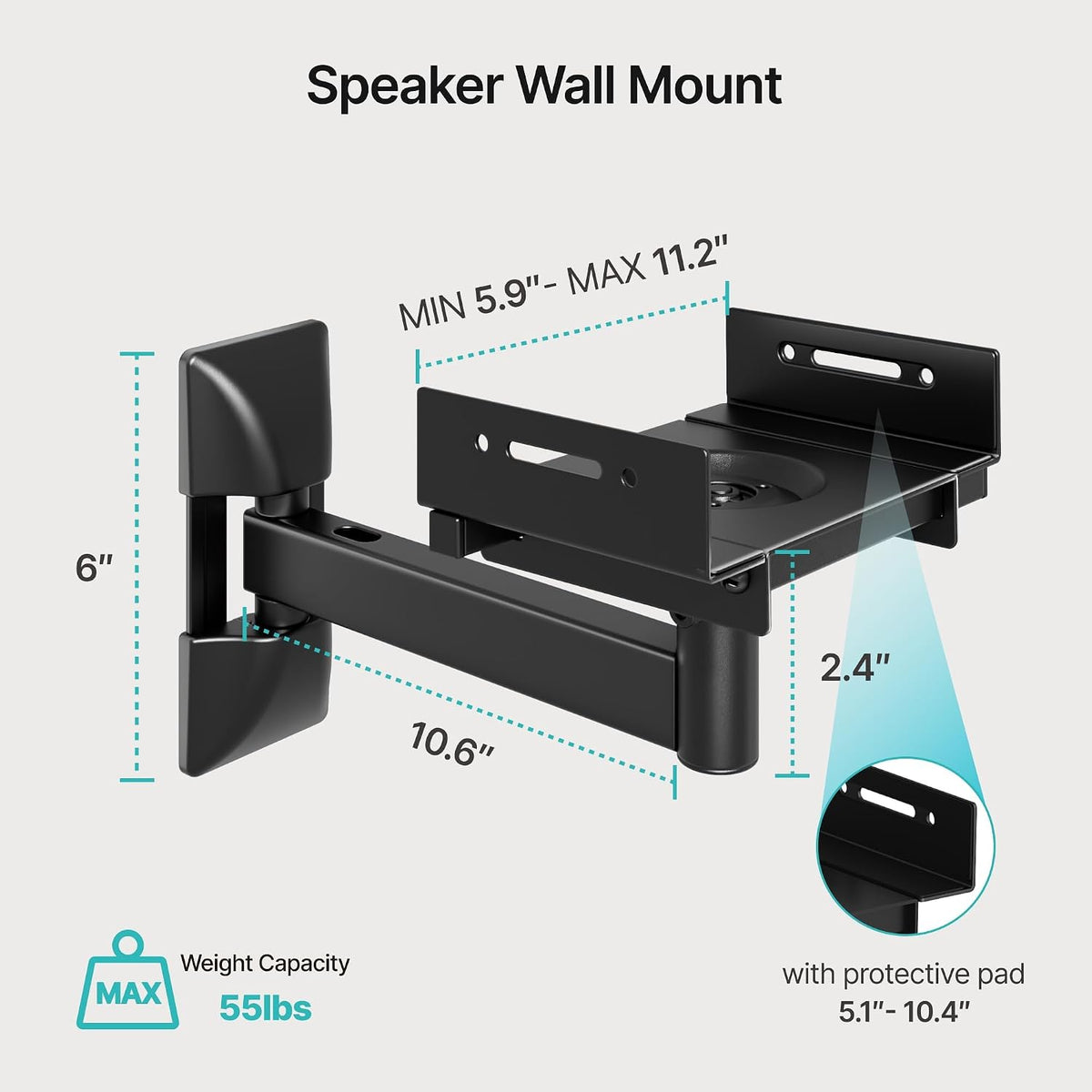 Speaker Wall Mounts, 55 lbs Capacity, Widths from 5.1” to 11.2”,1 Pair