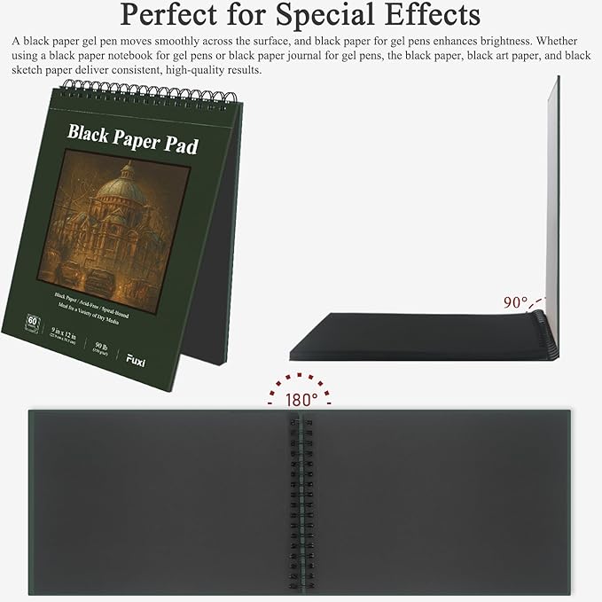 Fuxi Black Paper Sketchbook 9x12, 60 Sheets（90lb/150gsm） Hardcover Spiral Bound - Image 4
