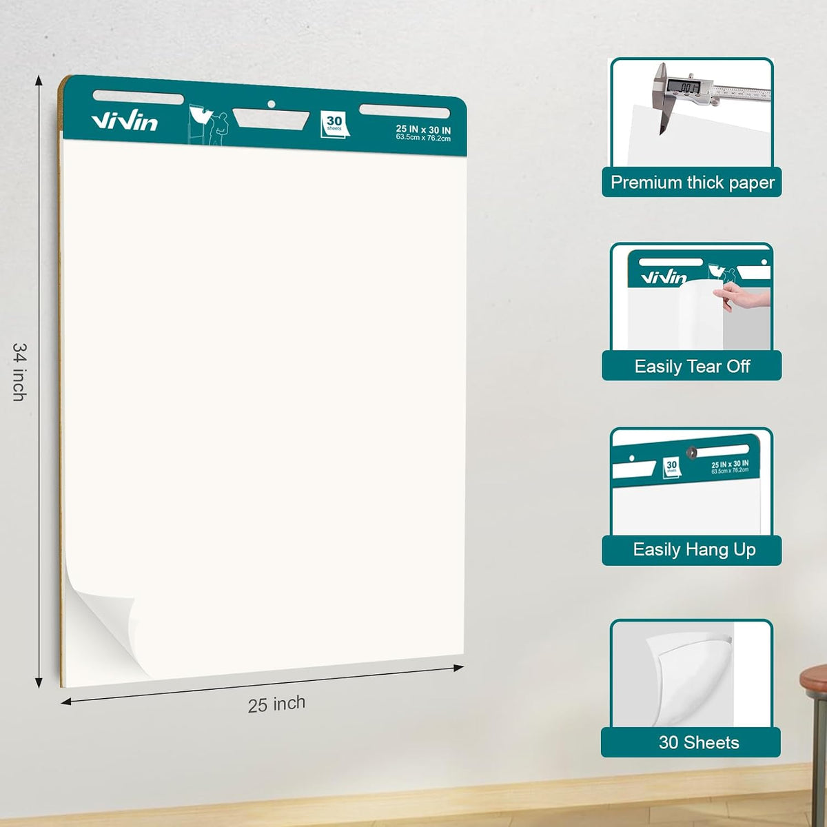 ViVin Sticky Easel Pad, 25 x 30 In Chart Paper, 30 Sheets/Pad, 2 Pads/Pack