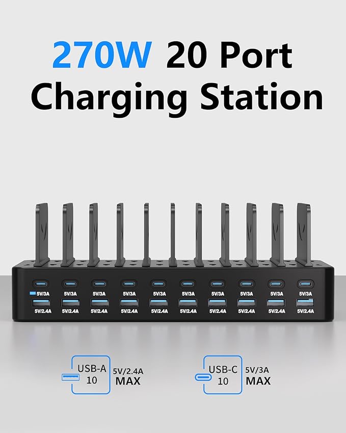 270W Charging Station for Multiple Devices, 20-Port USB Fast Charging Station - Image 2