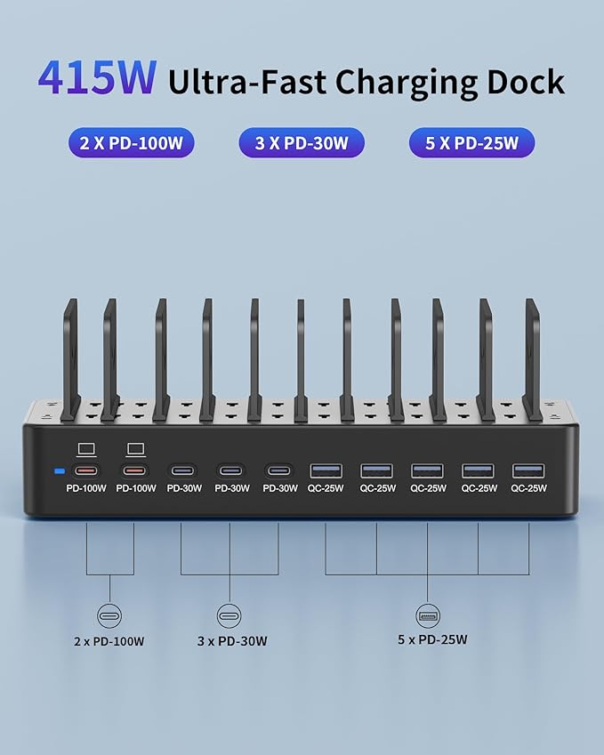 415W Charging Station for Multiple Devices, 10-Port USB C Fast Charger Station - Image 3