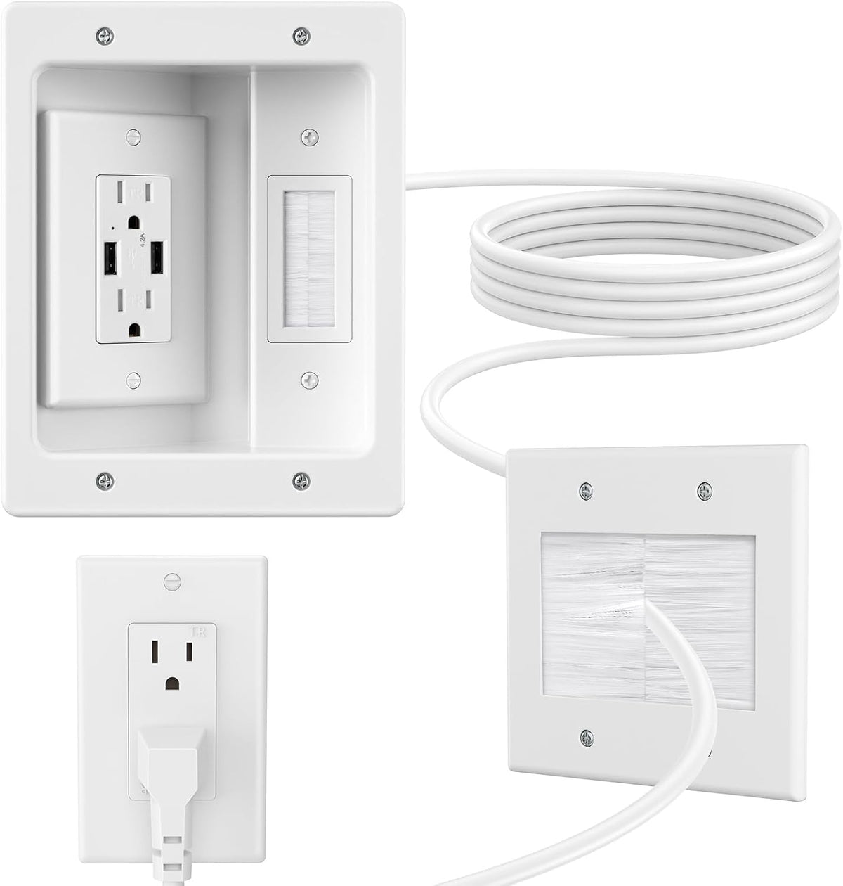 in Wall Cable Management Kit with Brush Wall Plate,AC Outlets & USB-a Por...