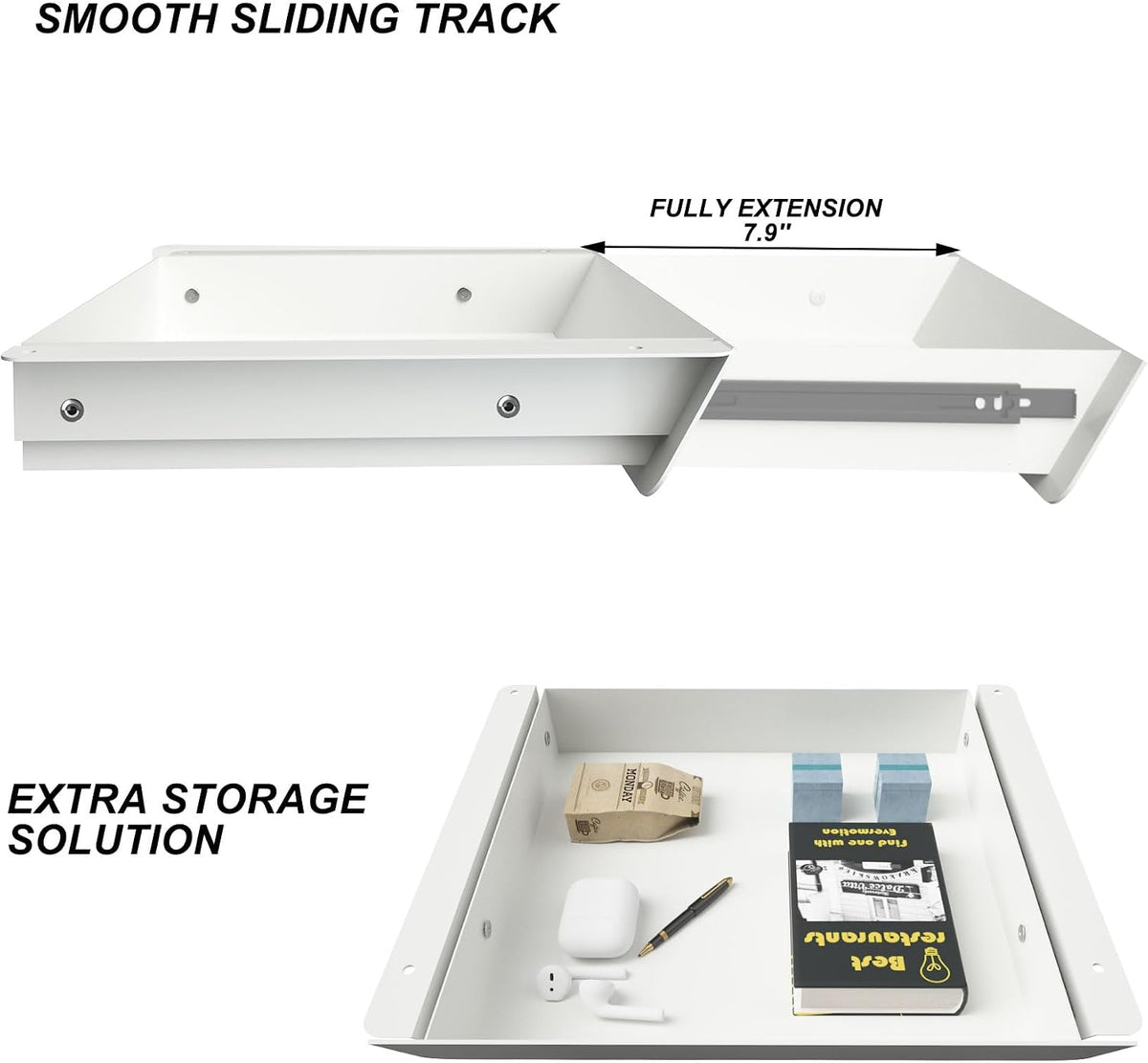 White Under Desk Mounted Sliding Drawer with 60 Degree Tilt Panel to pull out...