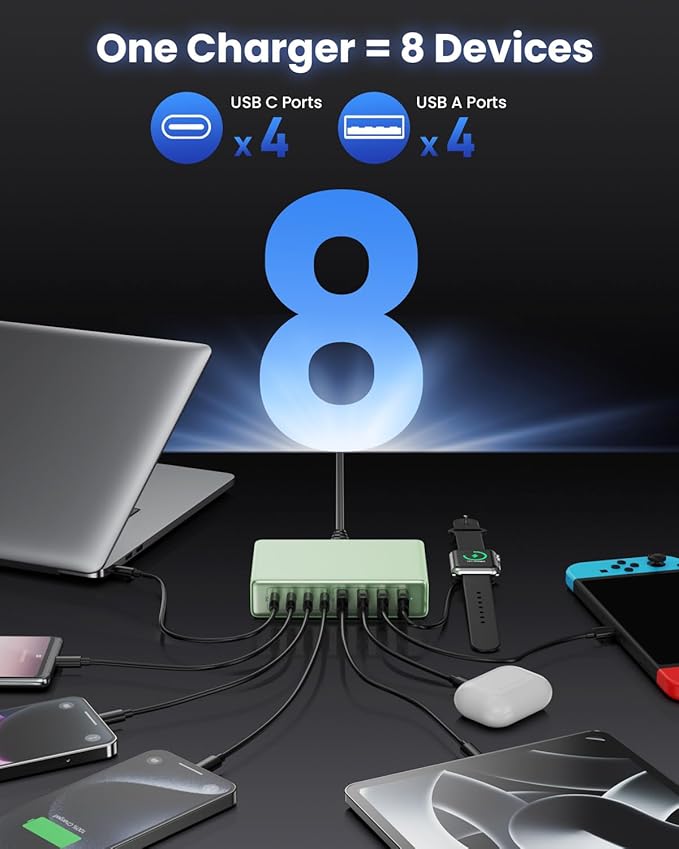200W USB C Charger Block, GaN IV Charging Station 8 Ports, QC4.0 Fast Charging - Image 4