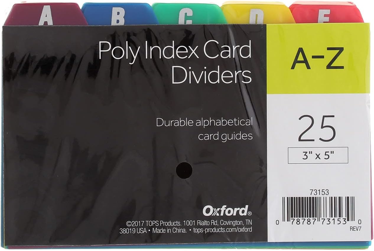 Oxford Poly Index Card Guide Set, 3 x 5 Inches, A-Z, 1/5 Inch Cut Tabs, Assorted Colors, 25 per Set, Sold as 4 Pack (73153)