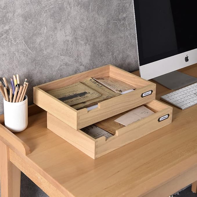 KIRIGEN Wood Desk Organizer Set of 2 Stackable Paper Tray Desktop Document - Image 8