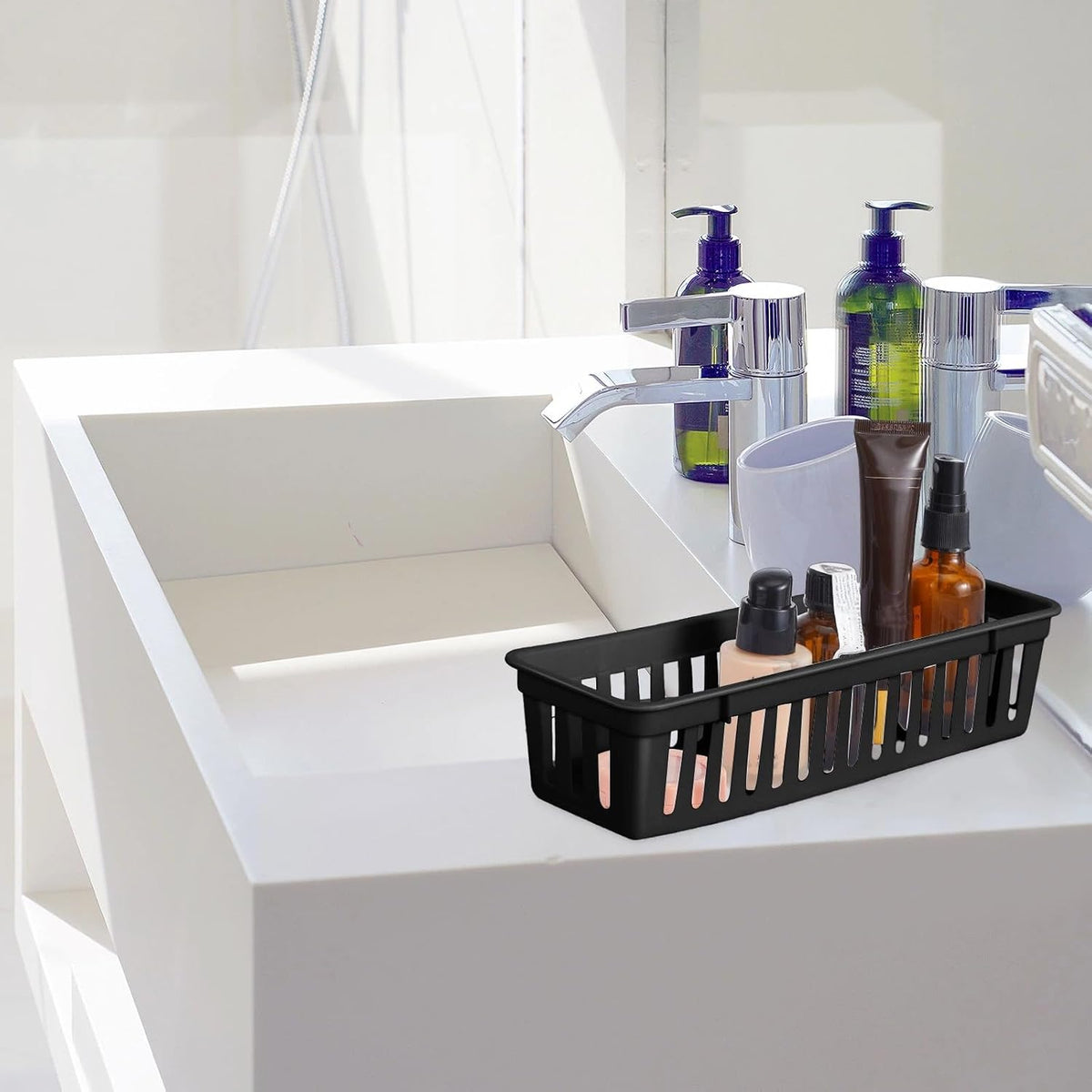 Domensi 24 Pack Slim Plastic Storage Basket Tray Organizer, Black