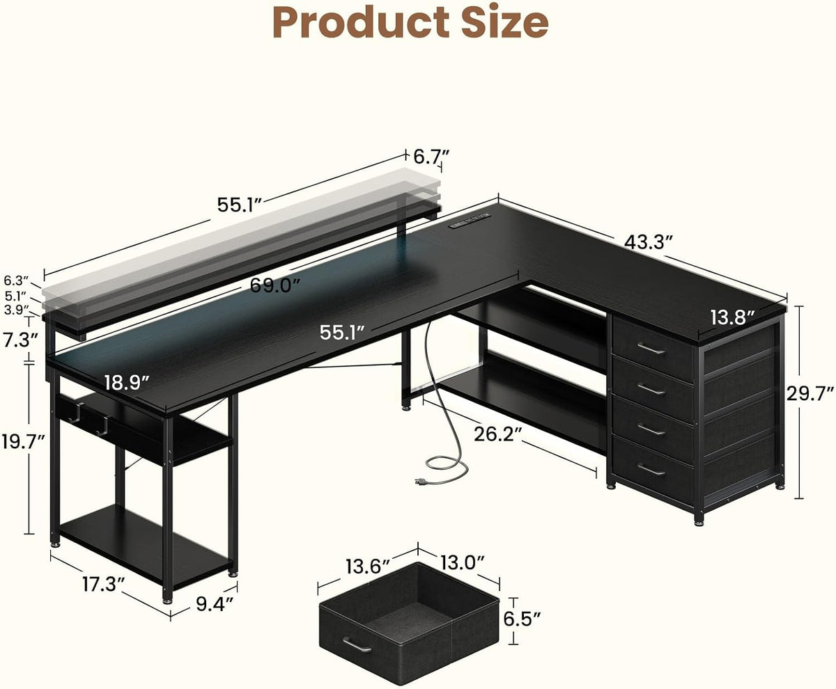 AODK 69" L Shaped Computer Desk with 4 Drawers, LED Lights, Black