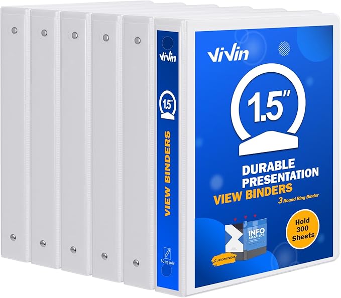 3 Ring Binder 1-1/2 Inch, ViVin Sturdy 1.5"-Round Ring Binder by ViVin