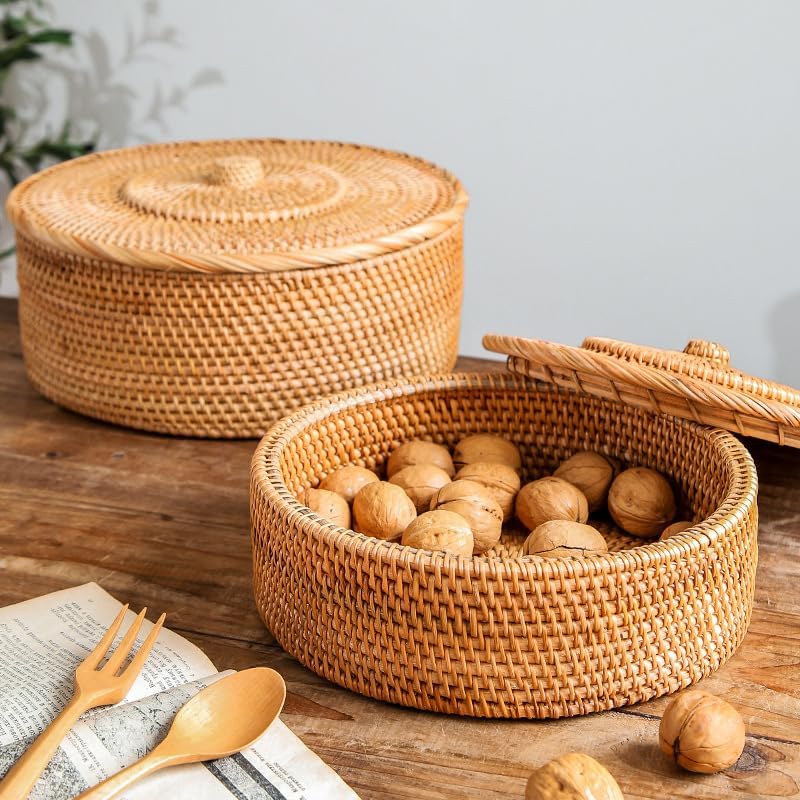 Rattan Basket With Lid, Lidded Wicker Storage Basket for Organizing, Woven Bo...