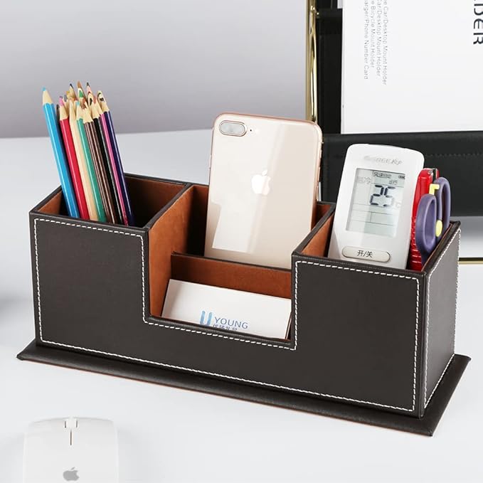 KINGFOM™ Double Holder Wood Leather Multi-Function Desk Stationery Organizer - Image 5