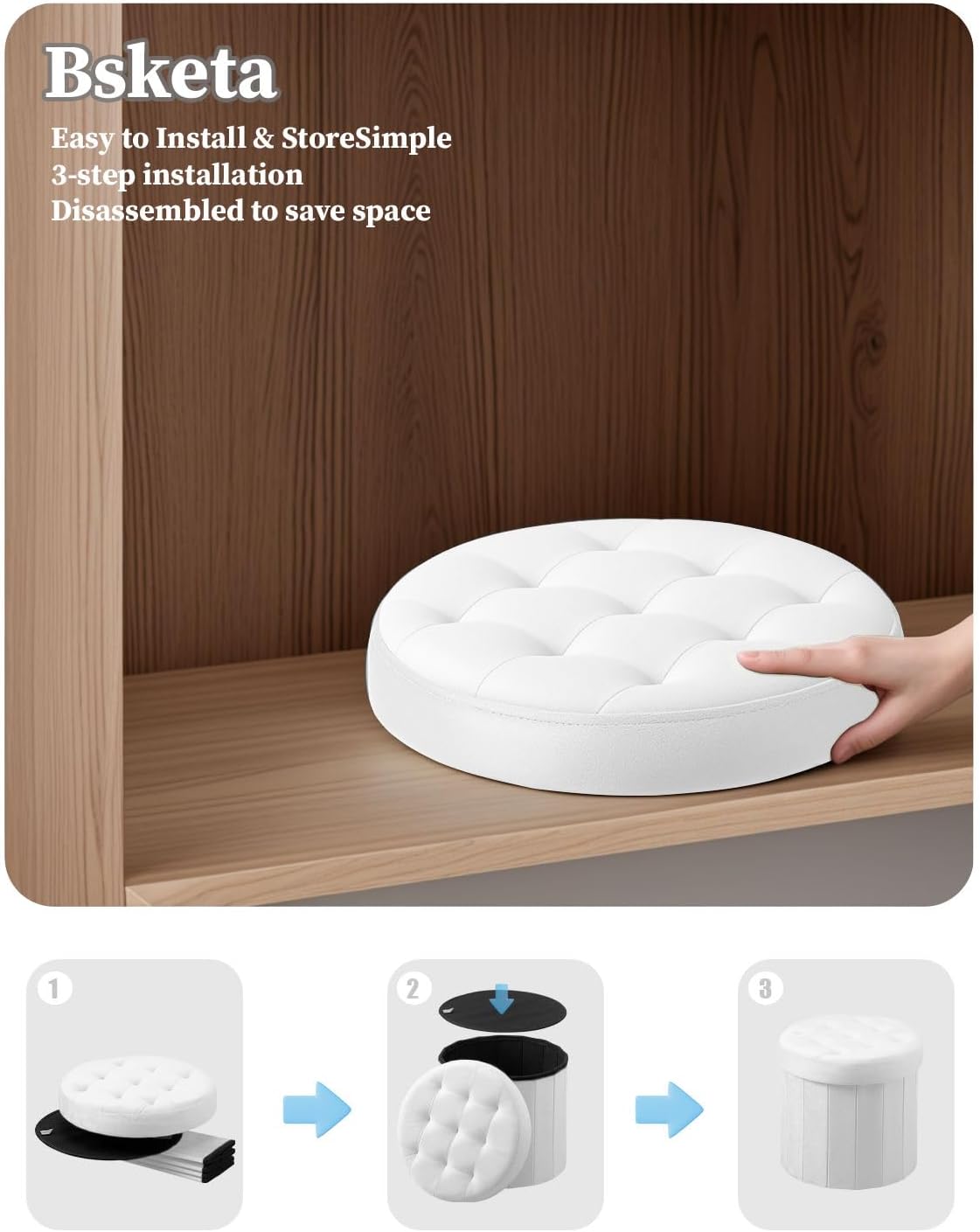Bsketa Round Storage Ottoman, 14" Folding Velvet Foot Stool Rest,White