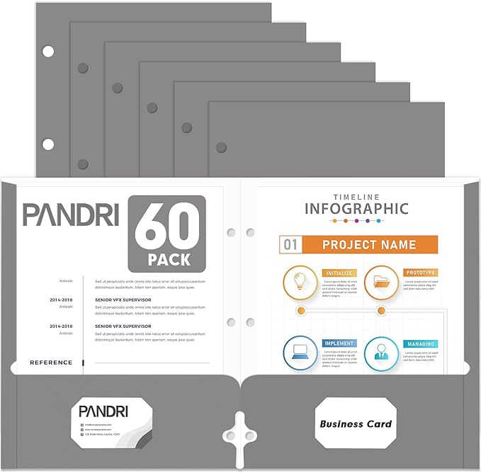 Two Pocket Portfolio Folders, PANDRI 60 Pack 3 Hole Punched 2 Pocket Folders by PANDRI