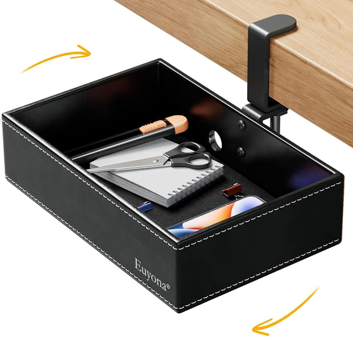 Under Desk Drawer, Clamp on Desk Organizer Hanging Desk Storage PU Leather