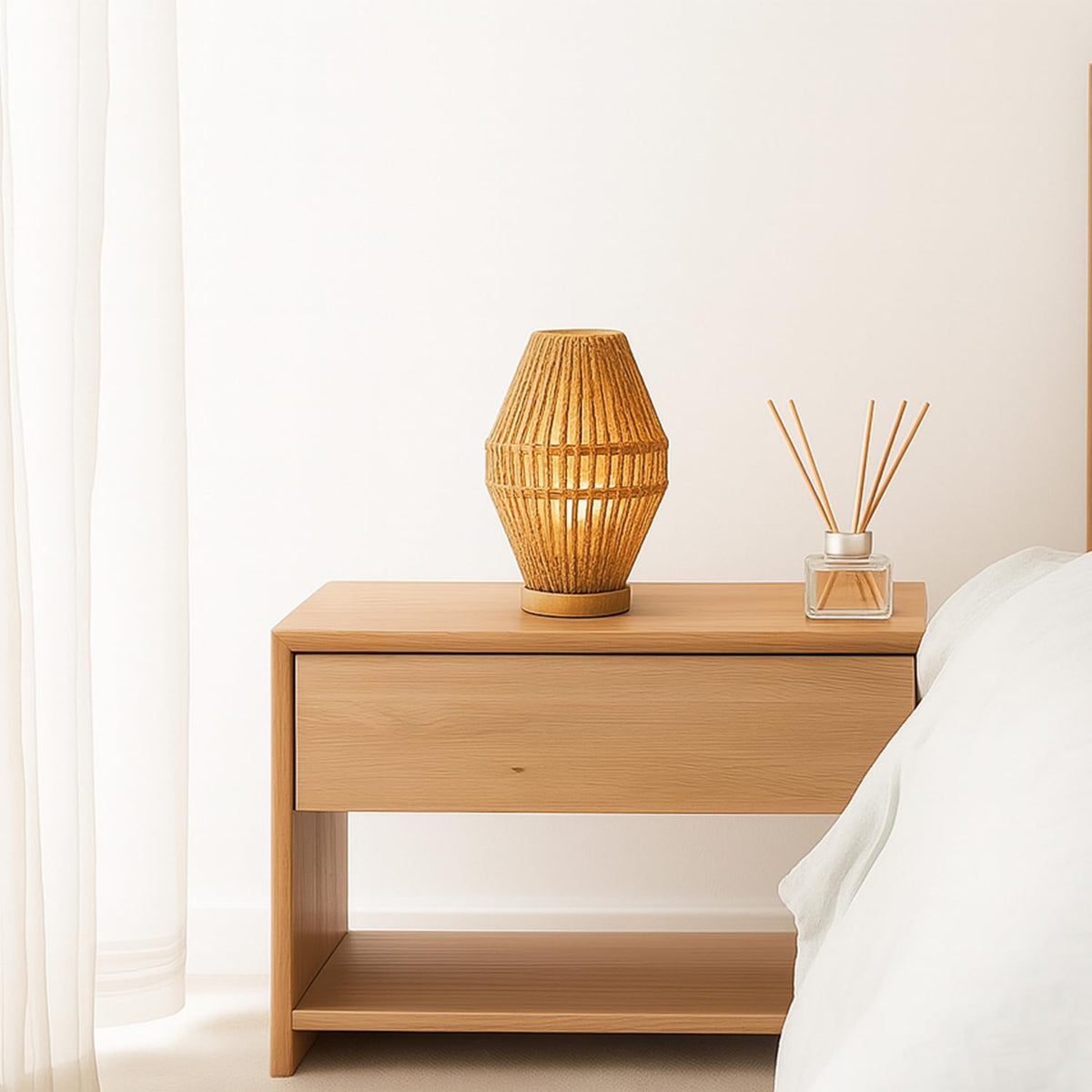 Boho Table Lamps for Bedroom & Living Room - Small Natural Woven Basket L...