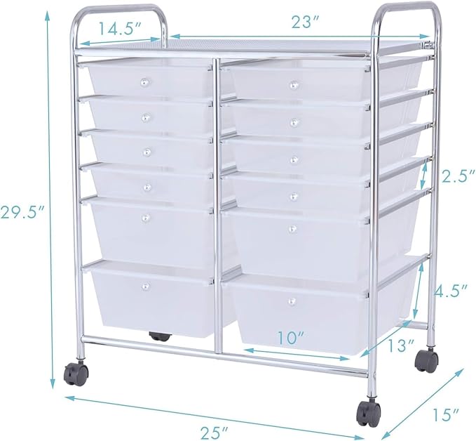 Happygrill 12-Drawer Rolling Storage Cart, 2 Sizes Plastic Drawers & Metal Shelf - Image 3