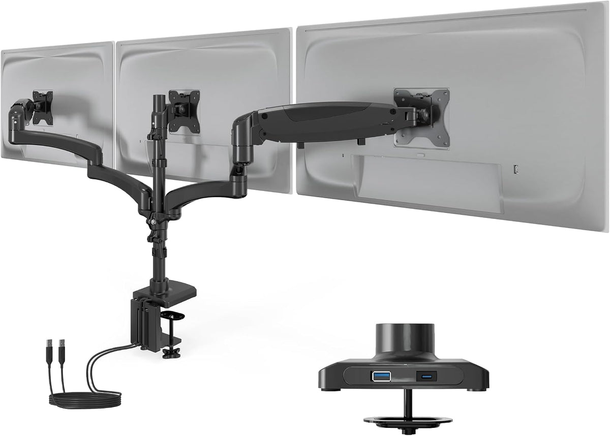 Mount-It! Triple Monitor Desk Stand, USB-A & C, Black