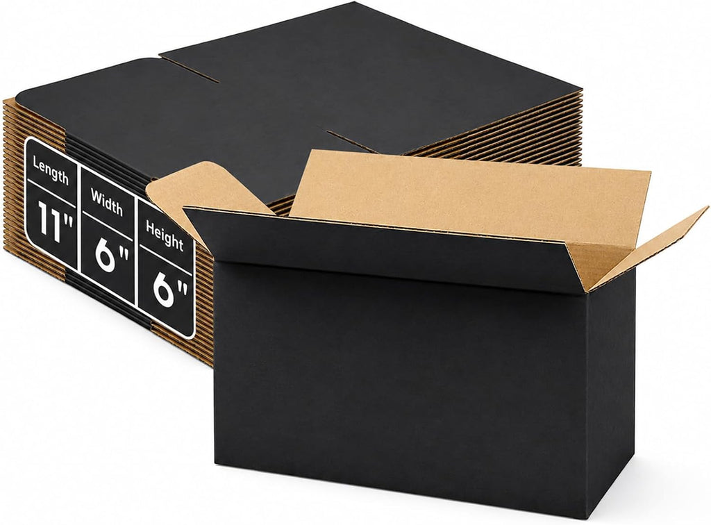 black shipping boxes 11x6x6, 30 pack corrugated cardboard shown in use