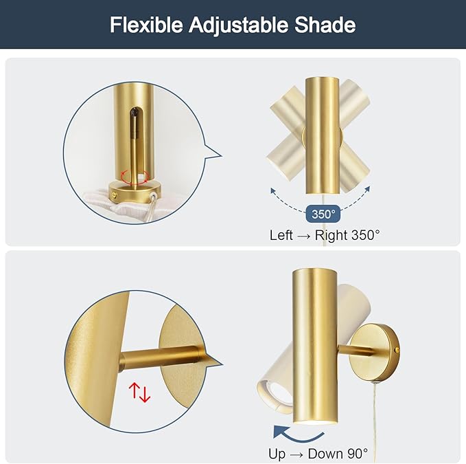 Ahaloye Gold Plug in Wall Sconce Set of 2, Modern Swing Arms Wall Lamp - Image 3
