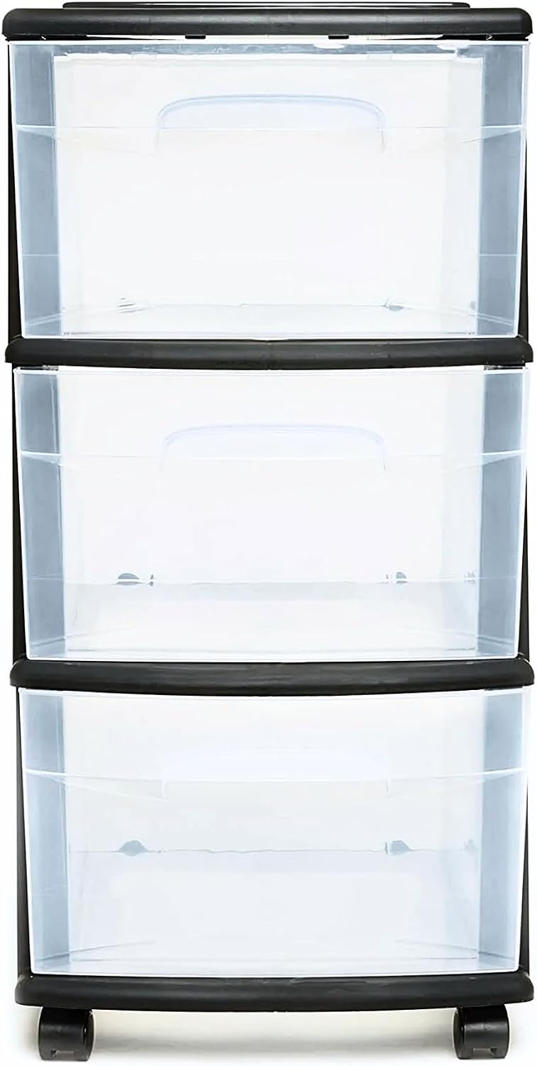 Homz 3 Drawer Plastic Storage Cart Organizer, Clear Drawers, Black Frame