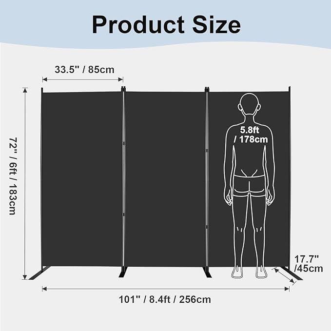 MAYOLIAH 3-Panel Black Room Divider 6ft Tall Folding Privacy Screen w/Flat Base - Image 5
