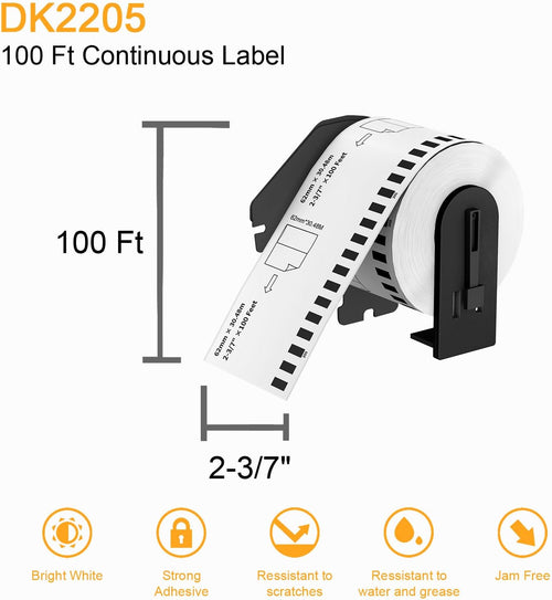 (12 Rolls + 1 Frame,30.48m Per Roll 3-Proof) Labelebal Dk 2-3/7" x 100' Direct Thermal Continuous Length Labels Replacement for DK-2205 Shipping Mailing Postage Compatible for Brother QL Printer