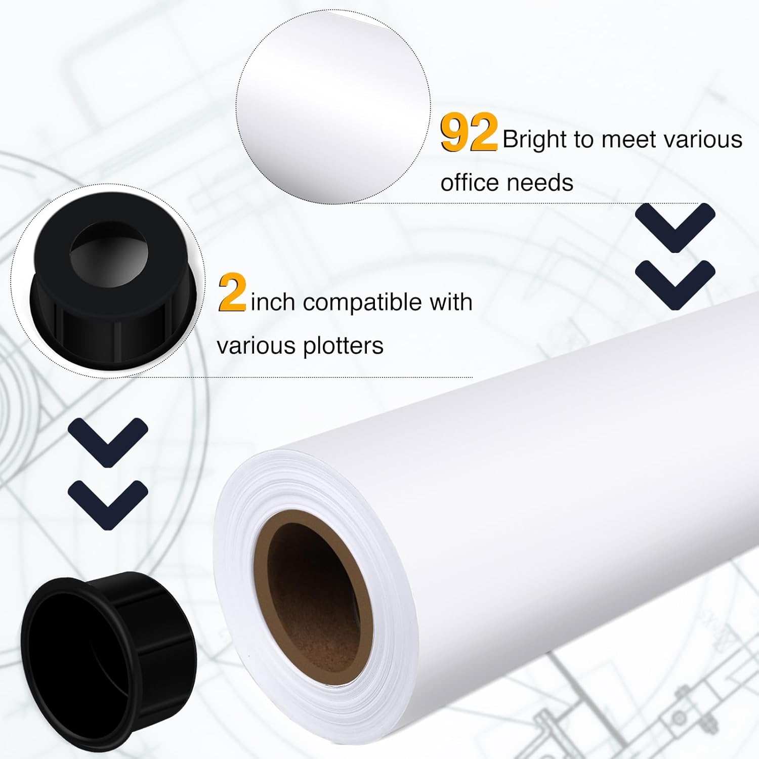 VOISEN Wide Format Paper,6 Rolls Plotter Paper 24 In x 150 Ft, CAD Bond Rolls,20lb,Bond Paper on 2" Core for CAD Printing on Wide Format Ink Jet Printers