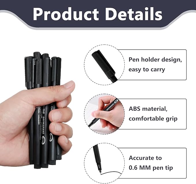 12 Pack Fine Point Black Permanent Marker Pens 0.6mm, Quick-Dry Waterproof Ink - Image 4