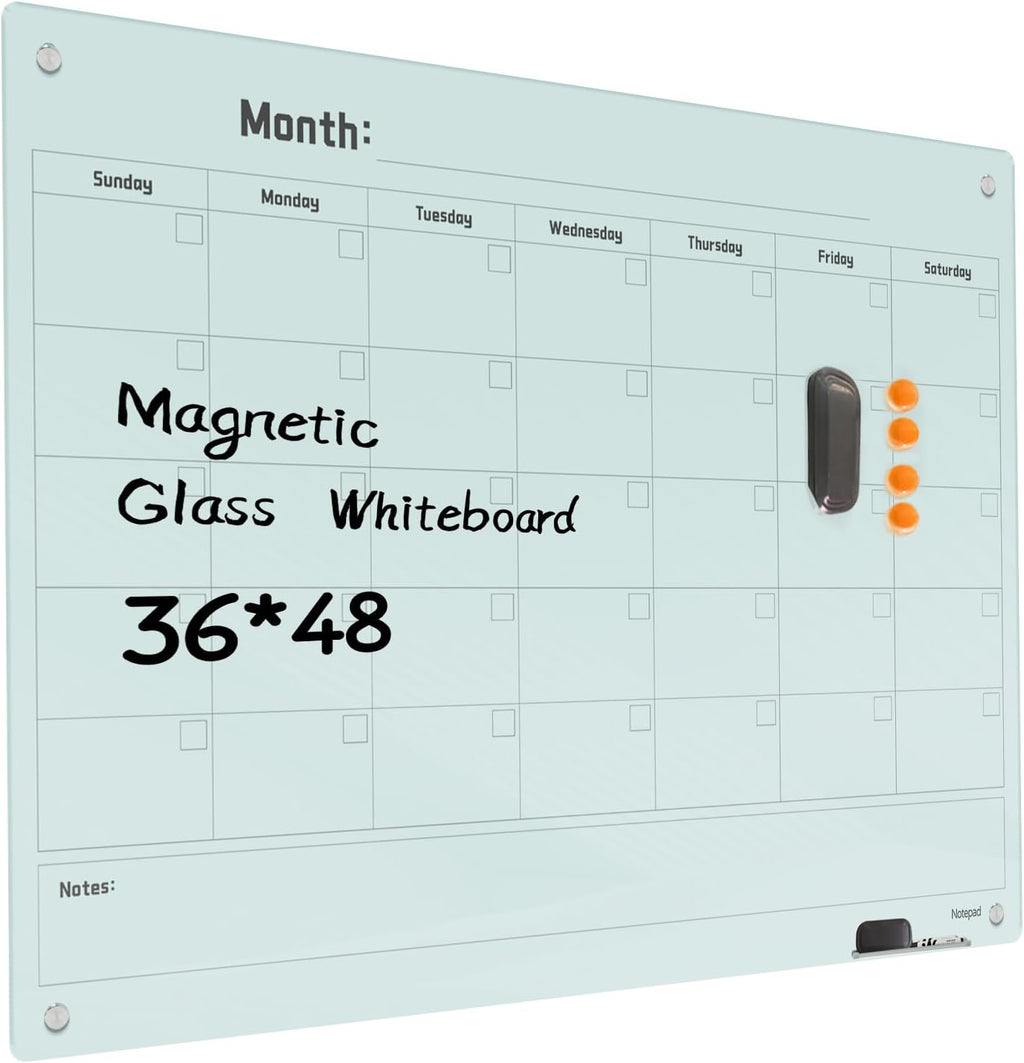 Magnetic Glass Dry Erase Board Calendar- White Board 48 x 36 Inch Wall Mounted