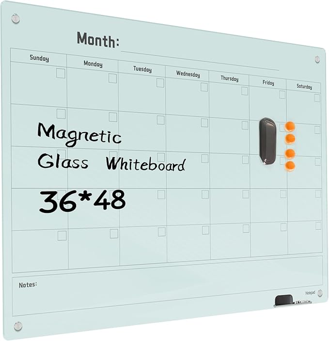 Magnetic Glass Dry Erase Board Calendar- White Board 48 x 36 Inch Wall Mounted by Unknown