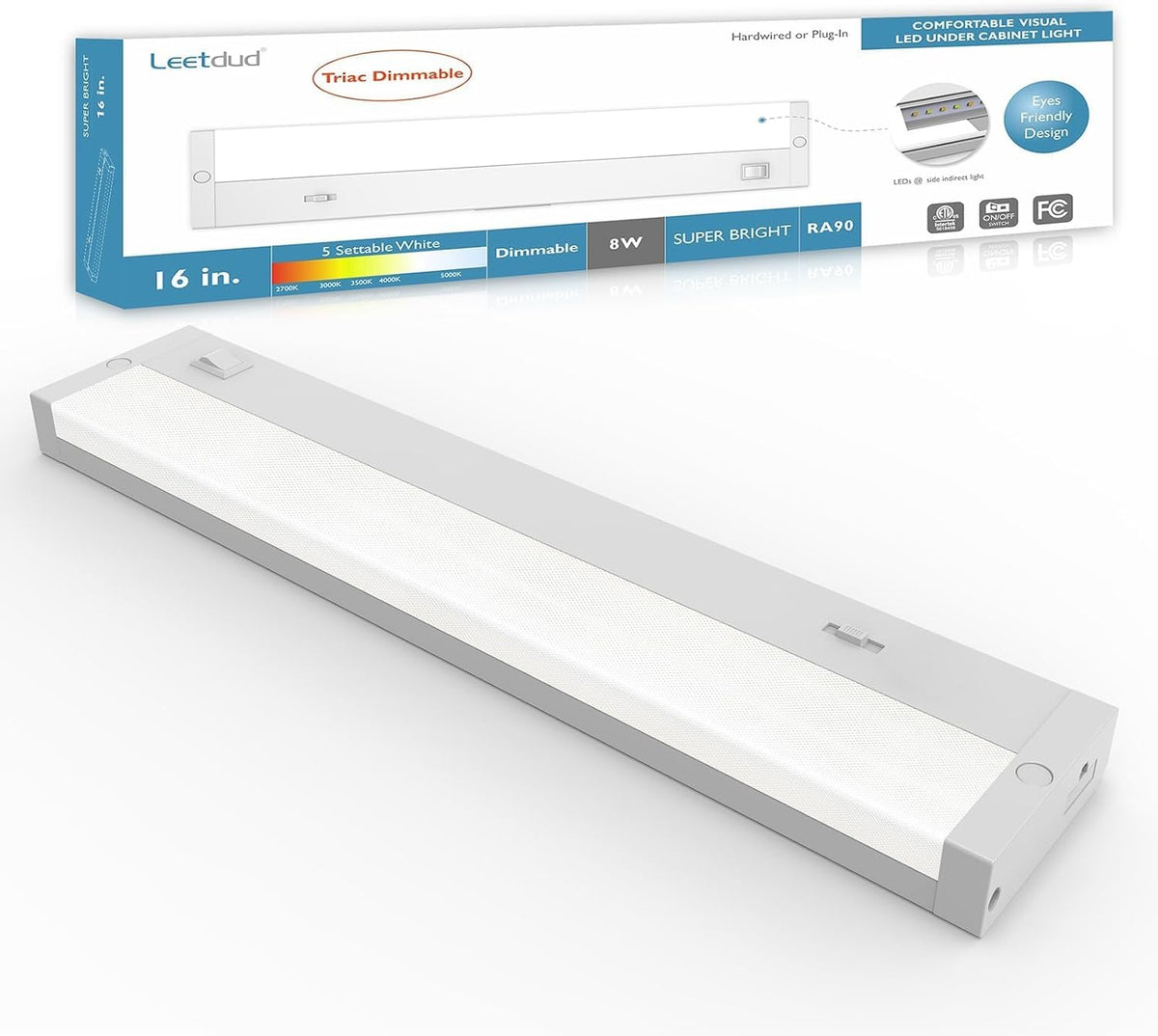 Leetdud LED Under Cabinet Lighting Hardwired or Plug in, 16 Inch 8W, Dimmable 5