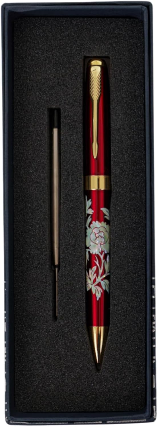 Mother of Pearl Ballpoint Pen, Retractable Ballpoint Pens, for Gift, Business, Office, 1.0mm Medium Point Black Ink, Extras Replaceable Metal Refills (Peony - Red (Black Ink))