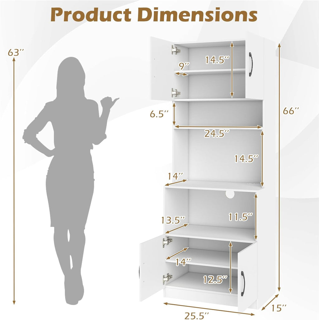 Kitchen Hutch with Countertop, 66" Tall Modern Farmhouse Coffee Bar Pantry Cabinet with Charging Station & Microwave Shelf for Small Spaces, Studio, Apartment (White)