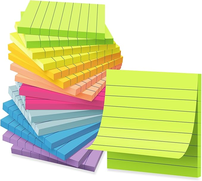 Lined Sticky Notes 3x3 in Ruled Stickies Super Sticking Power Memo Pads Bright by Kozerite