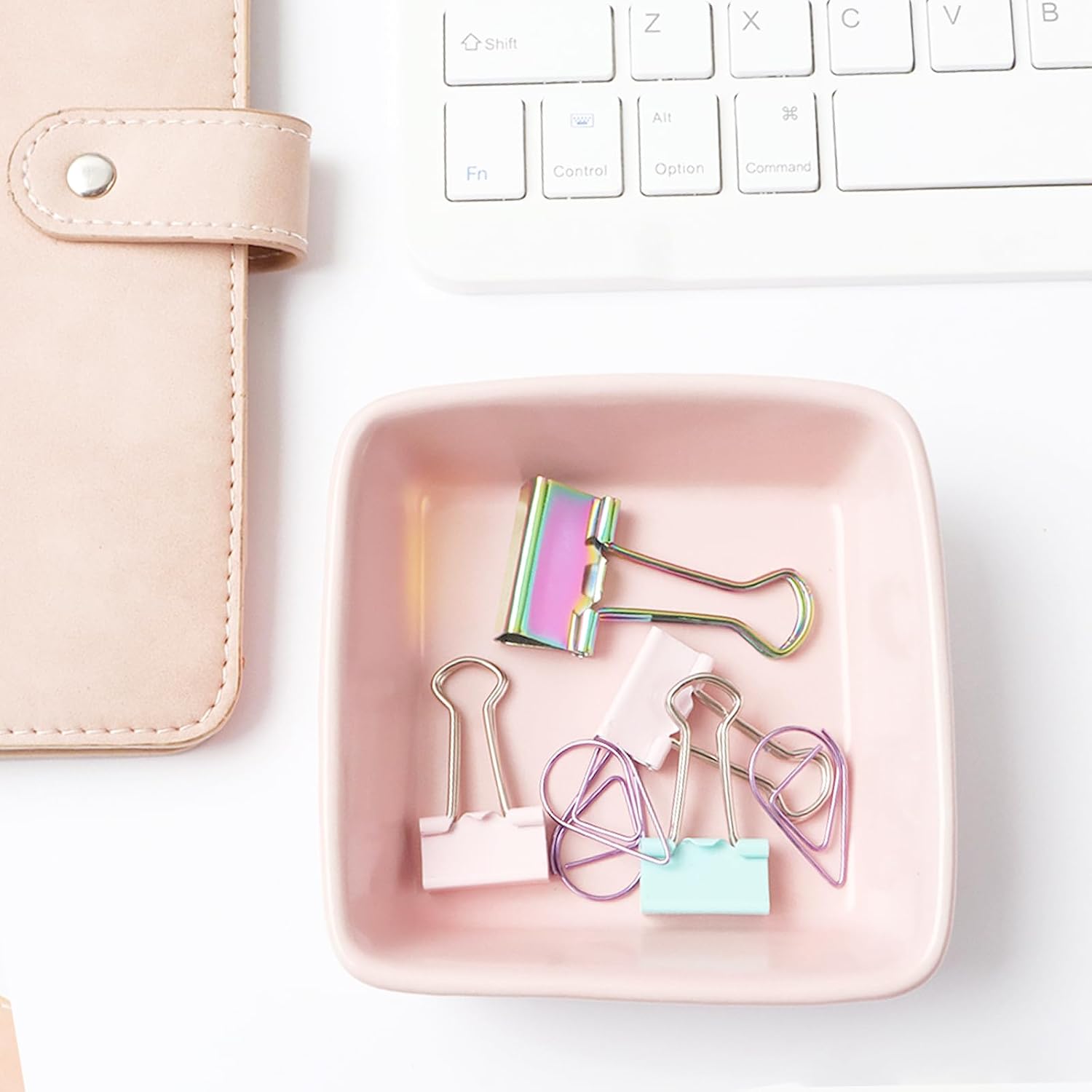 NatSumeBasics Pink Ceramic Paper Clip Holder Dispenser | Square Paper Clips & Push Pins, Office Desk Organizer