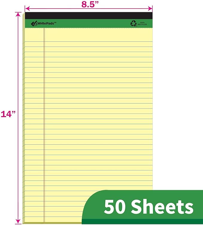 KAISA Yellow Legal Pads Writing Pads Recycled Paper 8.5"x14" Wide Ruled Lined - Image 2