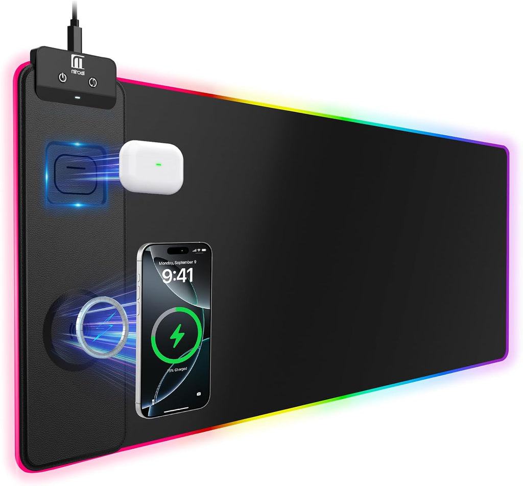 Mouse Pad with Magnetic Wireless Charging, Large Desk Pad Protector, RGB Black