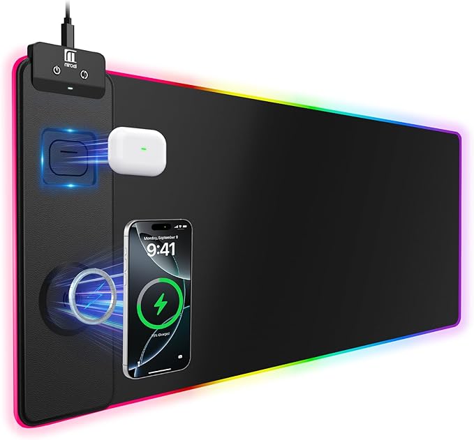Mouse Pad with Magnetic Wireless Charging, Large Desk Pad Protector, RGB Black by miroddi