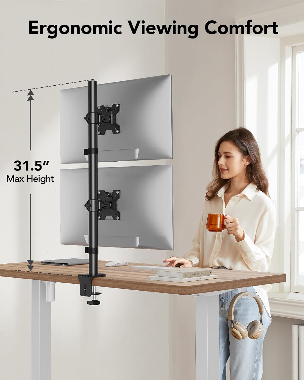 huanuo vertical dual monitor mount, stacked monitor stand showing dimensions