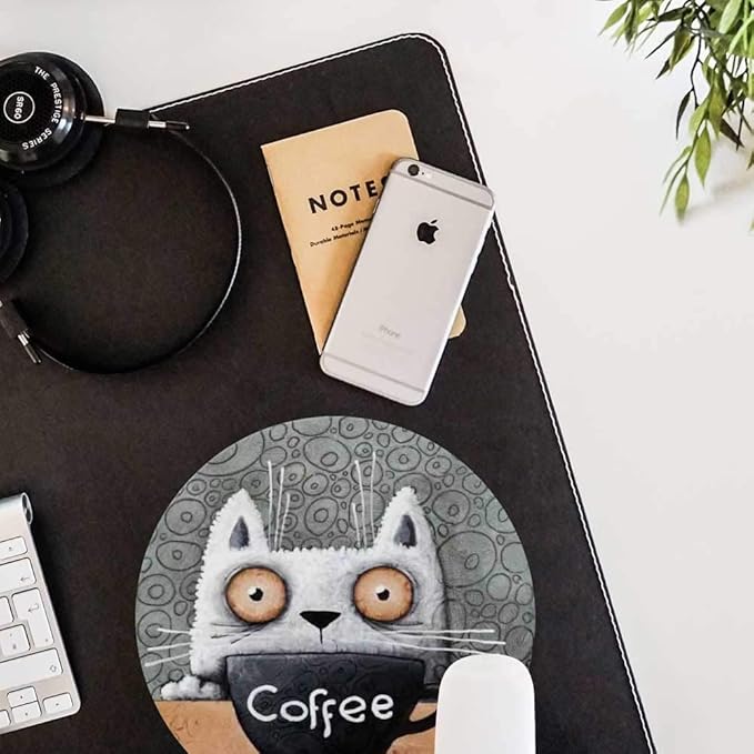 Round Mouse Pad, Anti Slip Rubber Round Cartoon Coffee Cat Mousepads Desktops - Image 2