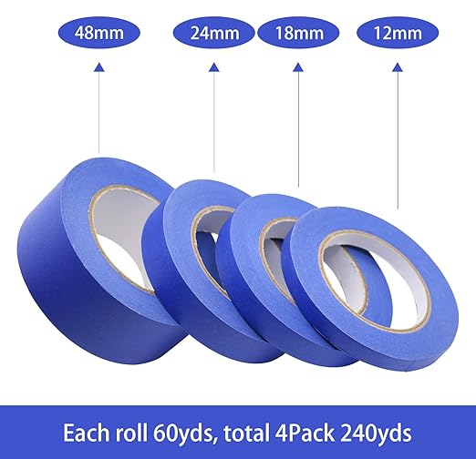 BOMEI PACK 4 Pack Blue Painters Tape, 1/2" 3/4" 1” 2” x 60yds, Clean Release - Image 2